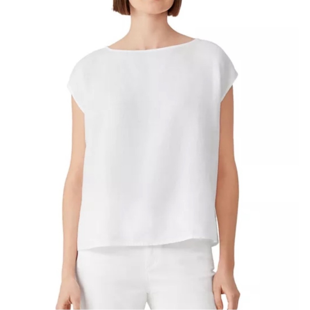 Eileen Fisher White Boxy Cap-Sleeve Blouse